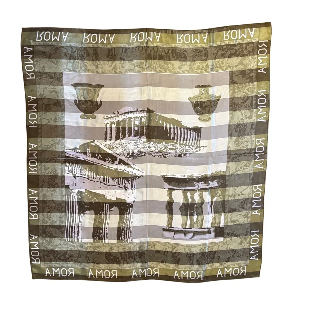 Large‎ Vintage Italy Roma Green White Satin Scarf 38x41